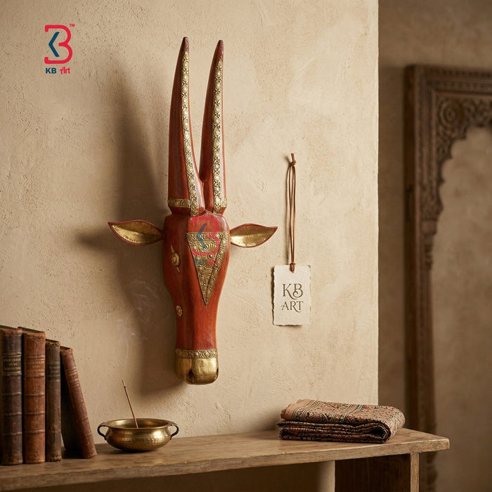KB ART Wooden Nandi Bull Head Brass Fitted - Front View of Handcrafted Detailing - Handcrafted Wooden Decor Jodhpur