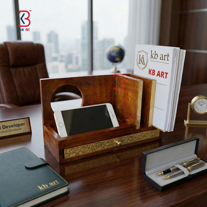 KB ART Wooden Book Stand Mobile Holder Drawer Clock - Front View of Handcrafted Detailing - Handcrafted Wooden Decor Jodhpur