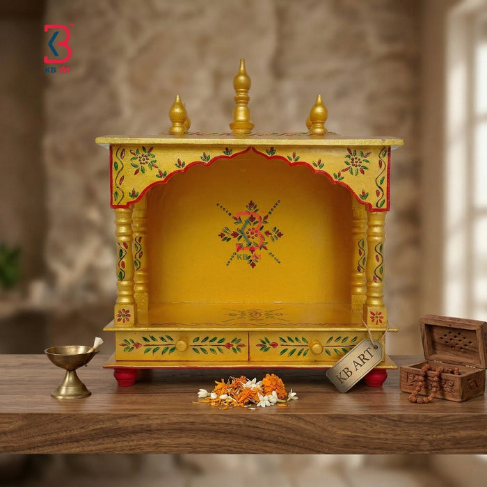 KB ART Wooden Golden Temple Pooja Mandir - Close-Up of Hand-Carved Artisan Texture - Handcrafted Wooden Decor Jodhpur