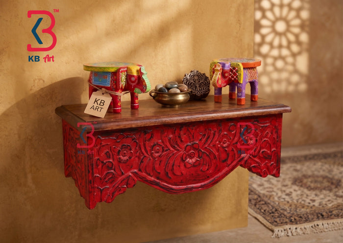 KB ART Wooden Red Carved Shelf - Close-Up of Hand-Carved Artisan Texture - Handcrafted Wooden Decor Jodhpur