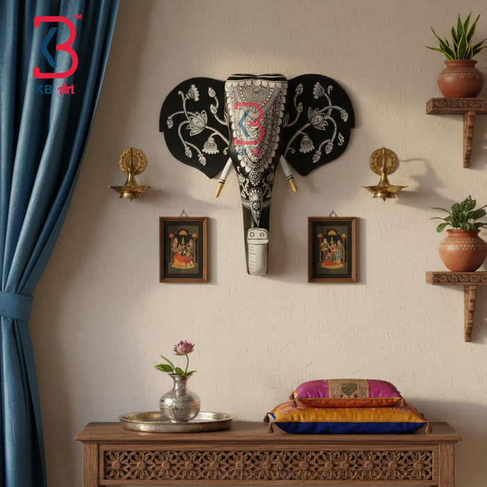 15 Inch Handcrafted Wooden Elephant Head Wall Hanging Midnight Black White Pattachitra Traditional Wall Decor | Handcrafted by KB ART, Jodhpur