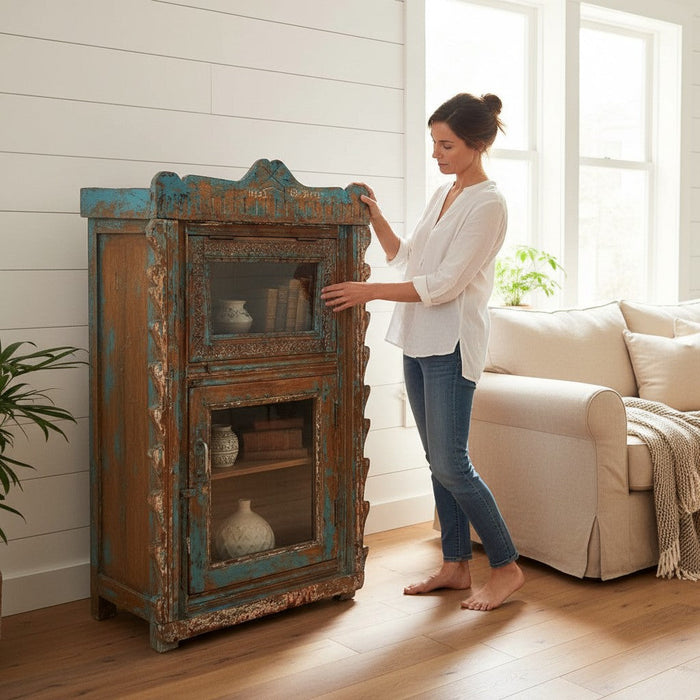KB ART Tall Arched Display Cabinet, Scalloped Teal Distressed Finish Handcrafted Solid Reclaimed Wood from Jodhpur Rajasthan - Front View | KB ART Handcrafted Tall Display Cabinet Jodhpur Rajasthan