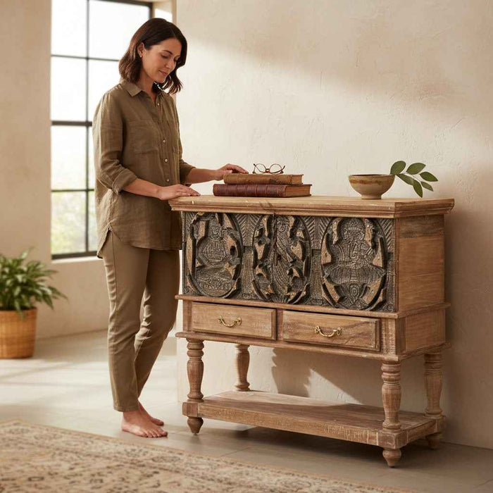 KB ART KB ART Carved Deity Motif Wooden Console Table – Handcrafted Premium Solid Wood Jodhpur Rajasthani Decor – Handcrafted Boho Jodhpur Home Decor