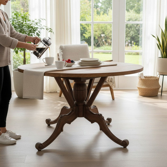 KB ART Vintage Carved Wooden Round Dining Table – Handcrafted Premium Solid Wood Jodhpur Rajasthani Decor - Front View | KB ART Handcrafted Round Dining Table Jodhpur Rajasthan