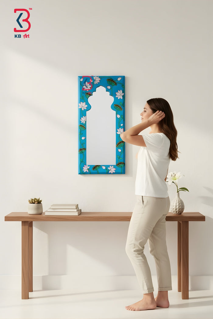 KB ART Blue Lotus Handpainted Wooden Jharokha Mirror - Styled Display in Home Interior Setting - Handcrafted Wooden Decor Jodhpur