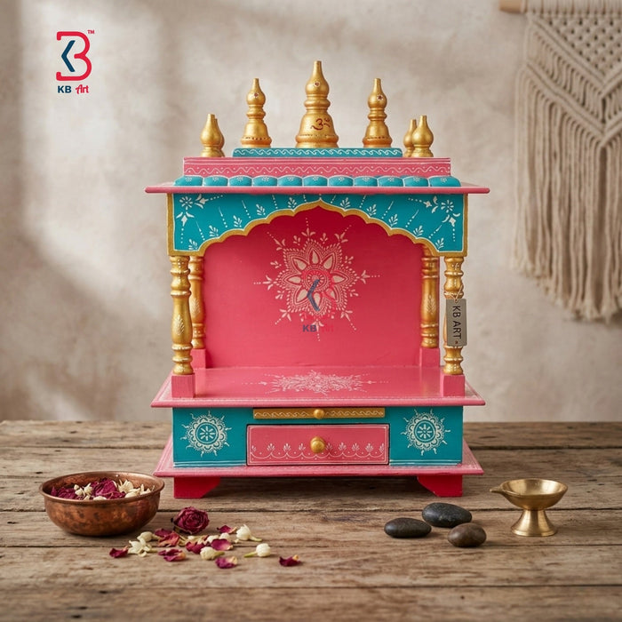 KB ART Pink Teal Wooden Pooja Mandir Temple - Close-Up of Hand-Carved Artisan Texture - Handcrafted Wooden Decor Jodhpur
