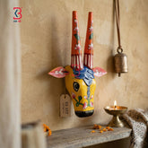 KB ART Wooden Carved Cow Mask Small 11 Inches - Front View of Handcrafted Detailing - Handcrafted Wooden Decor Jodhpur