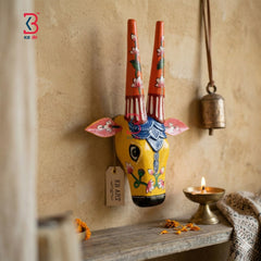 KB ART Wooden Carved Cow Mask Small 11 Inches - Front View of Handcrafted Detailing - Handcrafted Wooden Decor Jodhpur