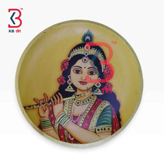Handpainted Wooden Wall Plate of Radha Rani Playing Bansuri – 12 Inch Indian Wall Decor