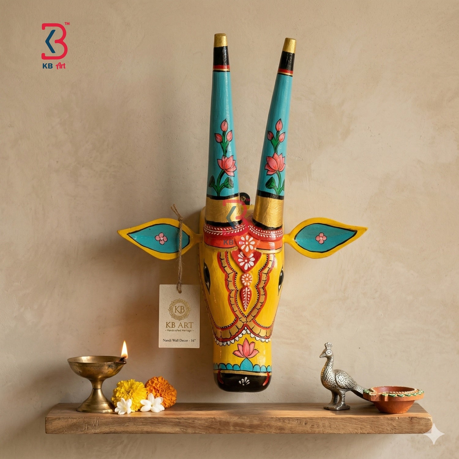 KB ART Wooden Carved Cow Mask Big 16 Inches - Front View of Handcrafted Detailing - Handcrafted Wooden Decor Jodhpur