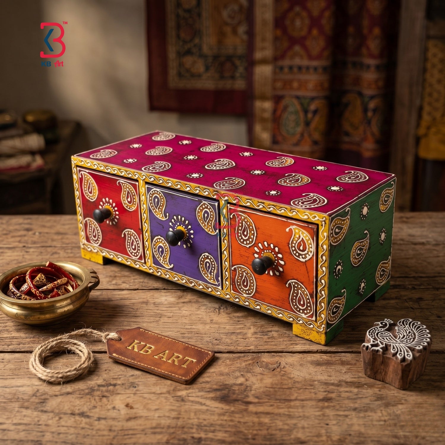 KB ART Wooden 3 Drawer Horizontal Box - Front View of Handcrafted Detailing - Handcrafted Wooden Decor Jodhpur
