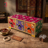 KB ART Wooden 3 Drawer Horizontal Box - Front View of Handcrafted Detailing - Handcrafted Wooden Decor Jodhpur