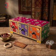 KB ART Wooden 3 Drawer Horizontal Box - Front View of Handcrafted Detailing - Handcrafted Wooden Decor Jodhpur