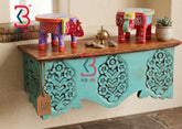 KB ART Wooden Teal Triple Floral Carved Wall Shelf - Front View of Handcrafted Detailing - Handcrafted Wooden Decor Jodhpur