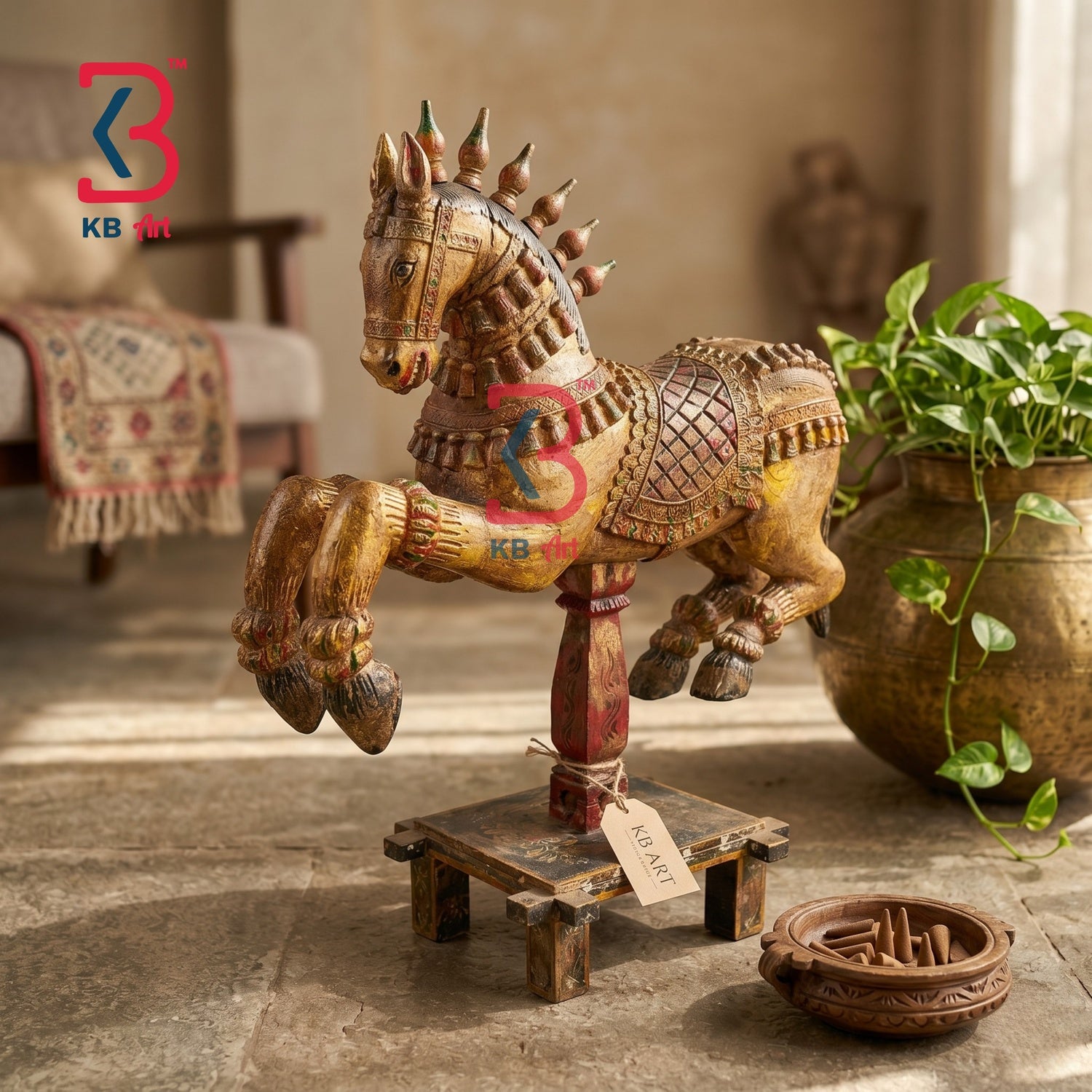 KB ART Wooden Antique 5 Feet Jumping Horse - Front View of Handcrafted Detailing - Handcrafted Wooden Decor Jodhpur