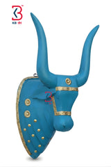 KB ART Turquoise Bull Head Wooden Brass Wall Decor - Styled Display in Home Interior Setting - Handcrafted Wooden Decor Jodhpur