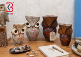 KB ART Wooden Distressed Antique Owl - Front View of Handcrafted Detailing - Handcrafted Wooden Decor Jodhpur