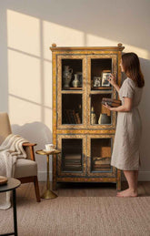 Distressed Texture Wardrobe - Genuine Antique Solid Wood Wardrobe, Hand-Restored by Rajasthani Artisans in India, One-of-a-Kind Heritage Piece