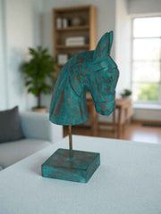 KB ART 11 Inch Wooden Handcarved Half Horse Head Statue with Stand – Turquoise Distress Antique Look Table Decor with Gold Touch
