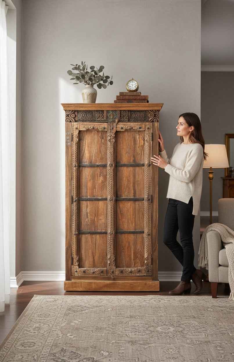 Authentic Solid Wood Statement Entryway Wardrobe from India - Traditionally Hand-Finished, No Two Pieces Alike, Sustainable Antique Furniture