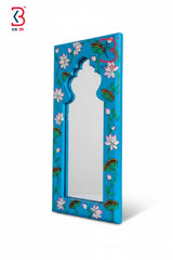 KB ART Blue Lotus Handpainted Wooden Jharokha Mirror - Front View of Handcrafted Detailing - Handcrafted Wooden Decor Jodhpur