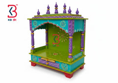 A colorful wooden decorative structure, likely a miniature altar or harem/mandapa-style display piece, shown on a plain white background. The product features a bright green base, turquoise arches and side panels, purple pillars and roof finials, and gold painted accents.