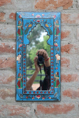 KB ART Jodhpuri Blue Handpainted Wooden Wall Mirror – 9.5x19 Inch | Pichwai Cow & Lady Design | Arch Jharokha Boho Mirror for Home Décor