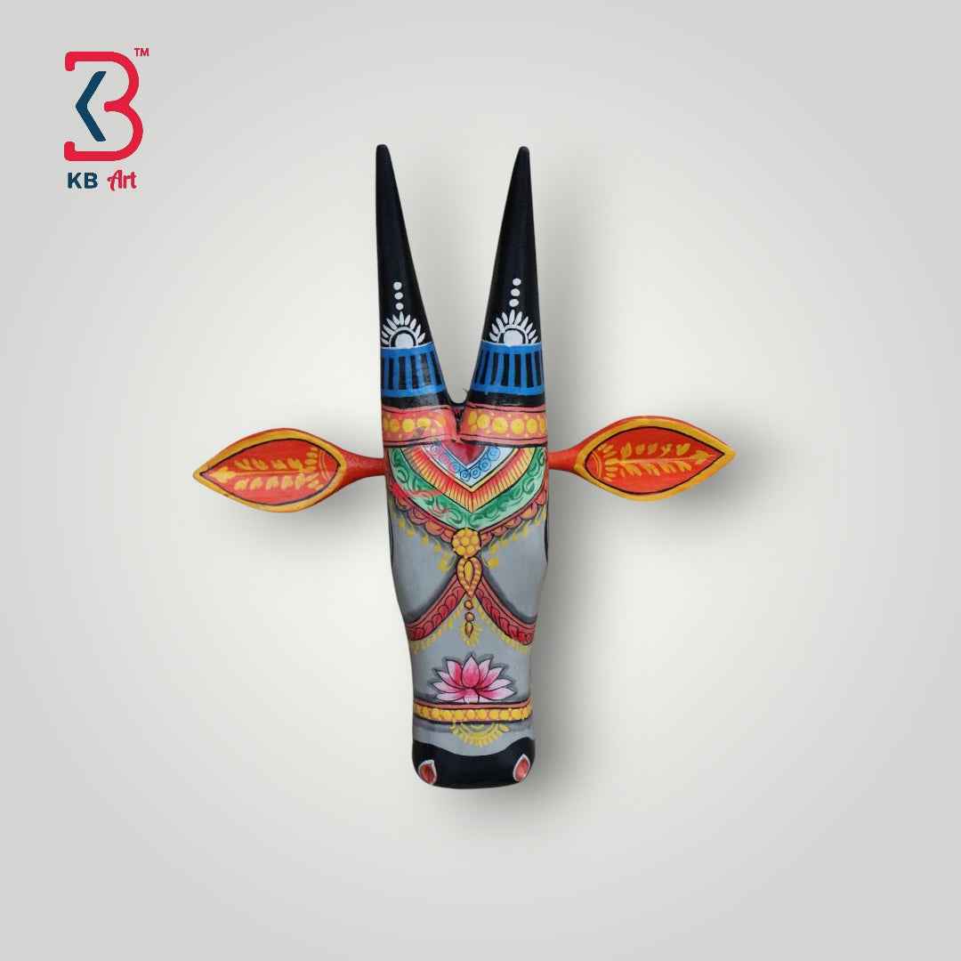 KB ART Handpainted Cow Head Wall Hanging | 11-Inch Gray Pattachitra Bull/Nandi Mask | Indian Folk Art Home Decor | Handmade Jodhpur