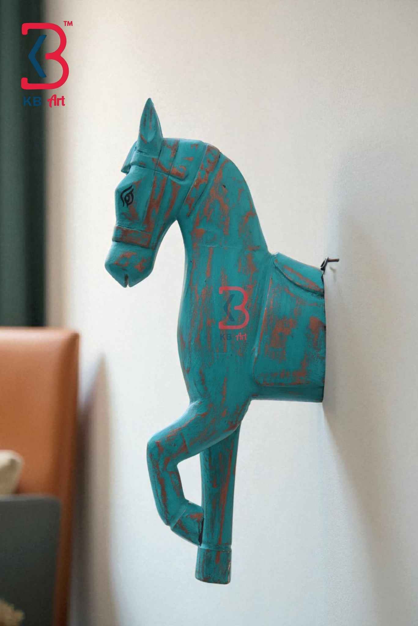 KB ART Turquoise Blue Horse Wall Decor - 16-Inch Distressed Wooden Wall Hanging with Golden Touch | Handcrafted Vintage-Style Rustic Indian Home Decor