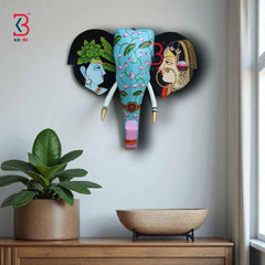 KB ART Pichwai Painted Elephant Head Wall Art - 18-Inch Handcrafted Radha Krishna Wooden Wall Hanging from Jodhpur