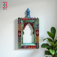KB ART Handpainted Wooden Temple Wall Decor – Multicolor Amboz Work Antique Look Handcarved Wall Hanging Mandir