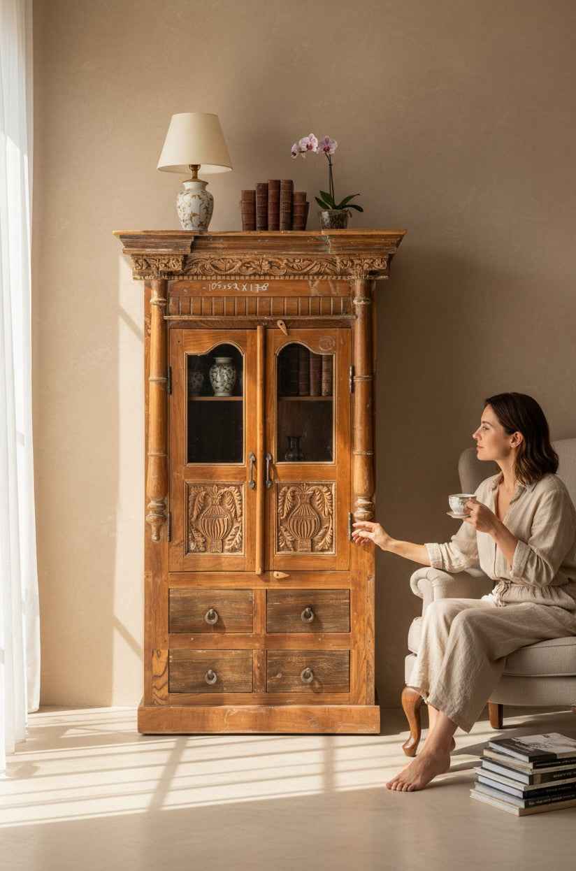Handcrafted Hand-Carved Teakwood Indian Armoire in Teak Wood - Authentic India Antique Furniture, Individually Restored by Jodhpur Craftsmen