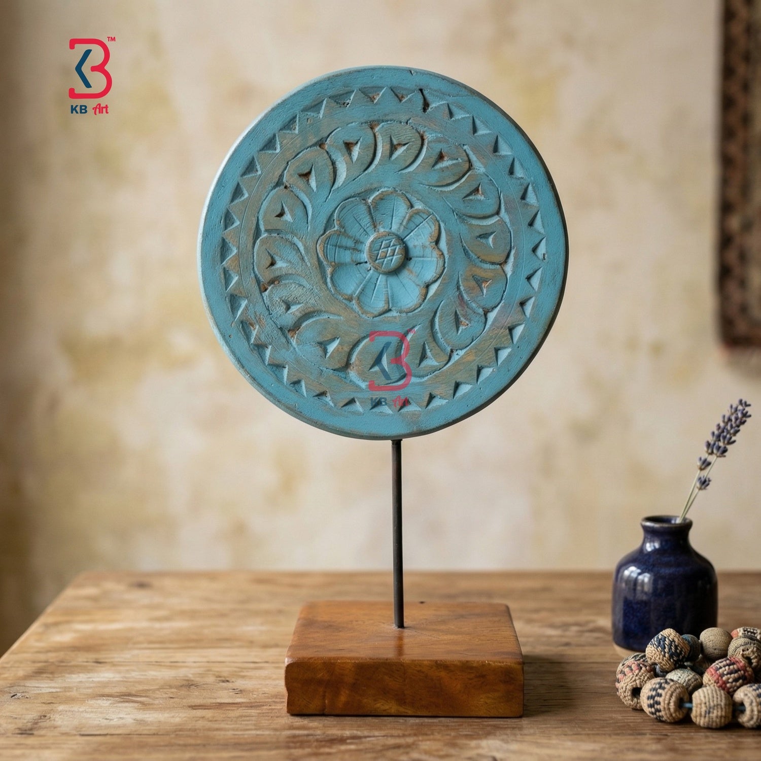 KB ART Blue Round Wooden Table Decor Stand - Front View of Handcrafted Detailing - Handcrafted Wooden Decor Jodhpur