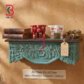 KB ART Wooden Artisan Carved Curiosity Wall Shelf Teal - Front View of Handcrafted Detailing - Handcrafted Wooden Decor Jodhpur