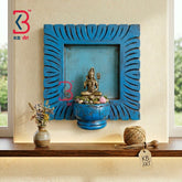 KB ART Wooden Blue Carved Temple Shelf Shiva - Front View of Handcrafted Detailing - Handcrafted Wooden Decor Jodhpur