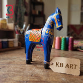KB ART Wooden Blue Traditional Indian Horse Figurine - Front View of Handcrafted Detailing - Handcrafted Wooden Decor Jodhpur