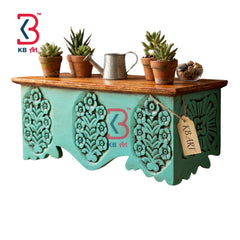 KB ART Wooden Teal Triple Floral Carved Wall Shelf - Side Angle Showing Finish and Craftsmanship - Handcrafted Wooden Decor Jodhpur