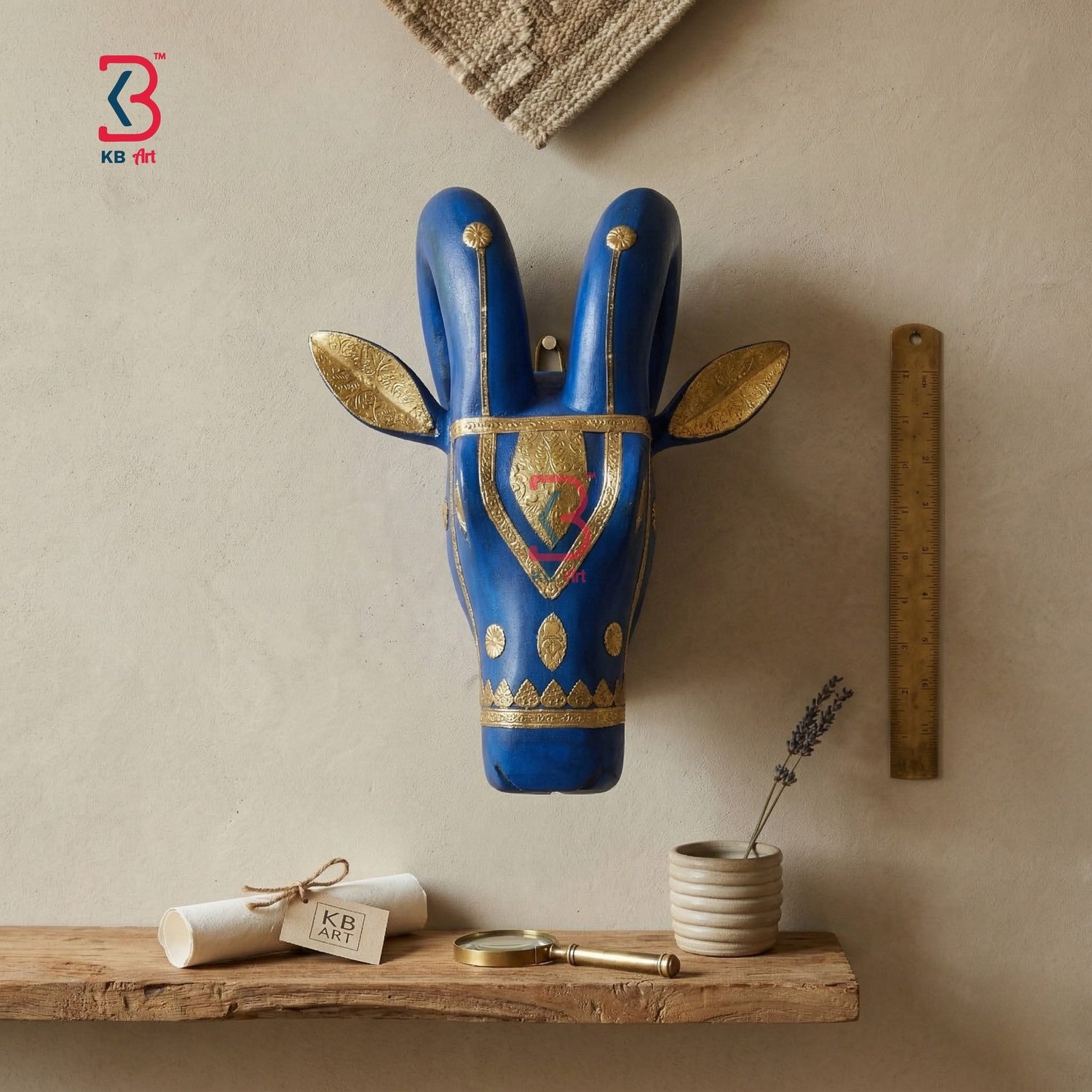 KB ART Ram Head Wall Decor Brass Fittings - Front View of Handcrafted Detailing - Handcrafted Wooden Decor Jodhpur