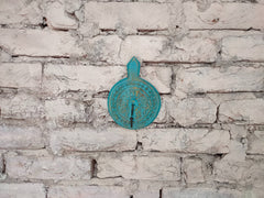 KB ART Teal Distressed Floral Carved Wooden Wall Hook - Side Angle Showing Finish and Craftsmanship - Handcrafted Wooden Decor Jodhpur