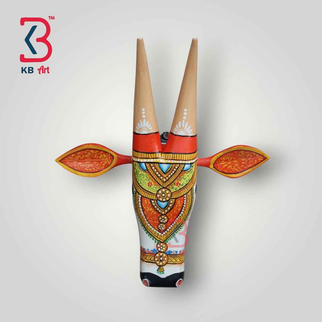 KB ART 11-Inch Wooden Handpainted Cow Head Wall Hanging  | White Pattachitra Bull/Nandi Mask | Indian Folk Art Home Decor  | Handmade in Jodhpur