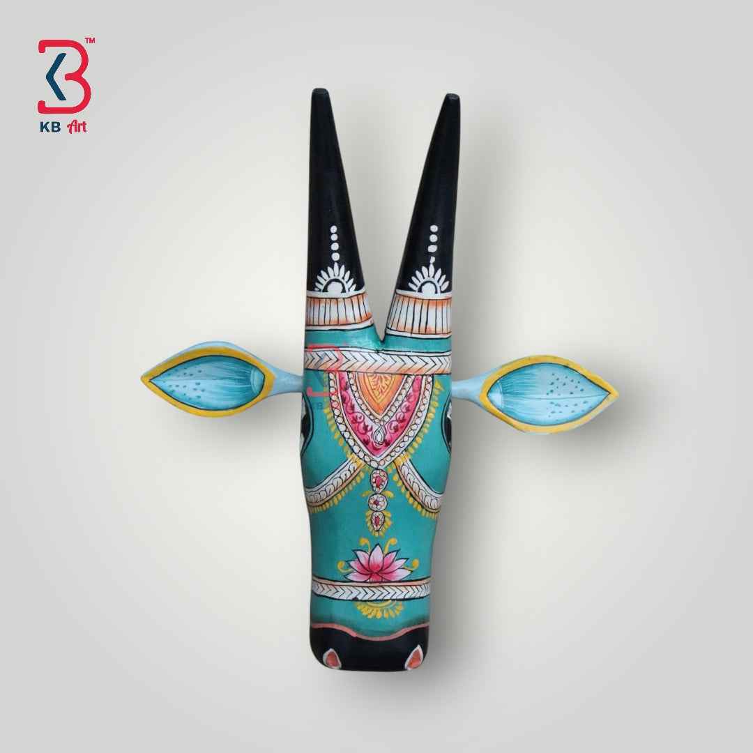 KB ART 11-Inch Wooden Handpainted Cow Head Wall Hanging  |Blue Pattachitra Bull/Nandi Mask | Indian Folk Art Home Decor  | Handmade in Jodhpur