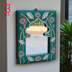 KB ART Handpainted Wooden Wall Mirror – Turquoise Pattachitra Arch Frame | Boho Jharokha Mirror | Traditional Indian Home Decor | Handpainted Wooden Wall Mirror from Jodhpur