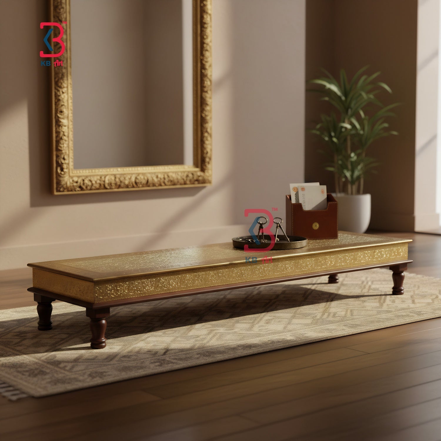 Decorative wooden table with intricate carvings in a room with a mirror and plant.