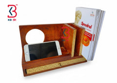 KB ART Wooden Book Stand Mobile Holder Drawer Clock - Styled Display in Home Interior Setting - Handcrafted Wooden Decor Jodhpur