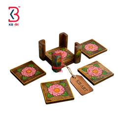 KB ART Pink Lotus Hand-Painted Wooden Coaster Set of 5 with Holder – Jodhpur Dining Decor