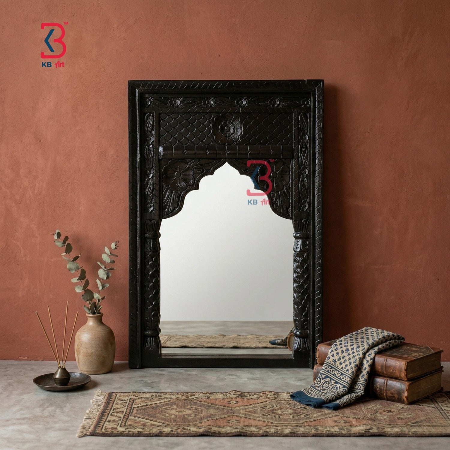 KB ART Jharokha Mirror Dark Brown - Front View of Handcrafted Detailing - Handcrafted Wooden Decor Jodhpur