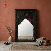 KB ART Jharokha Mirror Dark Brown - Front View of Handcrafted Detailing - Handcrafted Wooden Decor Jodhpur