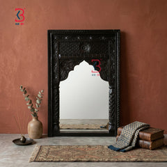 KB ART Jharokha Mirror Dark Brown - Front View of Handcrafted Detailing - Handcrafted Wooden Decor Jodhpur