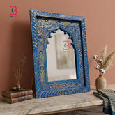 KB ART Jharokha Mirror Distressed Blue - Front View of Handcrafted Detailing - Handcrafted Wooden Decor Jodhpur
