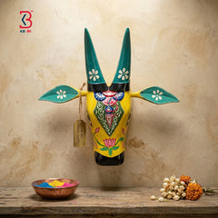 KB ART Carved Bull Head Wall Decor Pichwai - Front View of Handcrafted Detailing - Handcrafted Wooden Decor Jodhpur